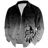 cheap Men&#039;s Shirt Jacket-Christmas Men&#039;s Wolf Corduroy Shirt Shirt Jacket Overshirt Long Sleeve Vintage Tribal Outdoor Dailywear Fall &amp; Winter Turndown Collared Shirts Buttons 3D Print 2 Pockets 1pc Black Grey Army Green Red