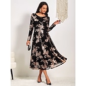 cheap Cocktail Dress-Women&#039;s A-Line Midi Dress Long Sleeve Sequins Floral Elegant Black Semi-Formal Sparkly Shimmer Skirt Round Neckline Wedding Party Theater Event Spring Fall Fashion Clothing Apparel S M L XL XXL
