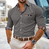 cheap Men&#039;s  Overshirts-Men&#039;s Dress Shirt Corduroy Shirt Plaid Outdoor Work Black Navy Blue Brown Khaki Long Sleeve Turndown Spring &amp;  Fall Clothing Apparel Patchwork