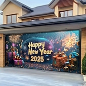 billige Garasje- og dørbanner-nyttår garasjeportdeksel ballonger fyrverkeri utendørs banner stort bakteppe for ferie utendørs garasjeport hjem veggdekorasjoner