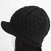 abordables Pelucas sintéticas de moda-Gorro con peluca y extensiones de pelo largo y ondulado, gorro de punto con pompón para mujer, color negro, para invierno