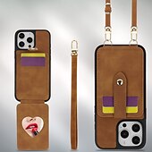 abordables Carcasas iPhone-teléfono Funda Para iPhone 16 Pro Max Plus iPhone 15 Pro Max Plus iPhone 14 13 12 Pro Max Plus iPhone 14 Pro Max iPhone 13 12 Pro Max Funda Trasera con Soporte Espejo con cordón Retro TPU Cuero de PU