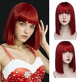 economico Parrucche trendy sintetiche-parrucca bob con frangia parrucca corta e dritta per donna parrucca sintetica resistente al calore in capelli naturali parrucche bob colorate per ragazze festa quotidiana parrucche per feste di Natale