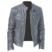 cheap Faux Leather Jackets-Men&#039;s Faux Leather Jacket Transition Jacket Biker Jacket Street Casual Thermal Warm Windproof Zipper Spring Fall Solid Color Pocket Vintage Fashion Stand Collar Regular Faux Leather Slim Fit Silver