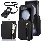 baratos Capa Samsung-telefone Capinha Para Z Flip 7 Z Virar 6 Z Flip 5 Z Flip 4 Z Flip 3 Capa traseira Com Suporte Zíper com cordão Retro TPU Couro PU