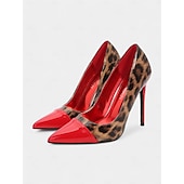 abordables Talons Aiguilles-talons aiguilles imprimé léopard pour femmes – escarpins à bout pointu en cuir verni rouge pour fêtes et événements nocturnes