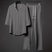 voordelige Basic overhemden voor heren-Voor heren Overhemd met bandkraag 2-delig Overhemdset Zomerset Bijpassende sets Strand Kleding Zwart Wit Grijs Halve mouw Effen Kraag Buiten Straat Trekkoord Kleding Polyester Comfortabel Ruimvallend