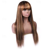 economico Parrucche di capelli veri senza cuffia-p4/27 evidenzia parrucche di capelli umani lisci con frangia parrucche completamente realizzate a macchina densità 150%