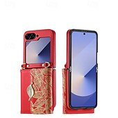 Недорогие Чехлы для Samsung-телефон Кейс для Назначение Z-флип 6 Кейс на заднюю панель со стендом с ремешком Разъем для карты Ретро ТПУ Кожа PU