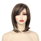 cheap Older Wigs-Shoulder Length Dark Brown Straight Bob Wigs Synthetic Medium Length Bob Hair Wig Halloween Costume Wigs for Women