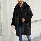 billiga Herrjackor och -rockar-Herr Vinterjacka Fleece-jacka Fuskpälskappa Dagligen Semester Håller värmen Håller värmen Fleece Höst vinter Leopardtryck Mode Streetwear Huva Lång Svart Vit Gul Jacka