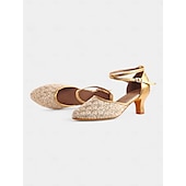 abordables Chaussures de danses latines-chaussures de danse en dentelle dorée pour femmes avec bride croisée et semelle en daim – talons confortables pour les événements de danse de salon et latine