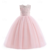 baratos Vestidos floridos-Infantil Para Meninas Vestido de daminha de honra Vestido de festa Côr Sólida Sem Manga Espetáculo Casamento Festa Com Transparência Frente Única Patchwork Elegante Doce Poliéster Renda Longo Vestido