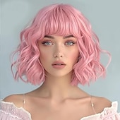 baratos Perucas Sintéticas sem Touca-perucas para mulheres peruca curta ondulada bob com franja comprimento médio cabelo sintético para festa diária