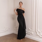 cheap BLACK-Mermaid Evening Gown Elegant Dress Formal Floor Length Short Sleeve One Shoulder Pocket Satin with Bow(s)