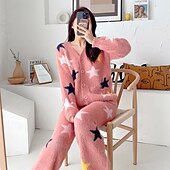 ieftine Îmbrăcăminte de relaxare pentru femei-pijamale de damă îmbrăcăminte de lounge 2 piese grafic active casual acasă zilnic fleece cald respirabil decolteu în V pantaloni cardigan cu mânecă lungă ținute de toamnă iarnă acasă