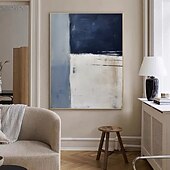 cheap Still Life Paintings-Handpainted White Blue Textured Painting Oversized 3D handmade Abstract Geometric Wall Art painting Large Minimalist black white textured Painting for Living Room bedroom Wall Decor Abstract Art