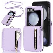 baratos Capa Samsung-telefone Capinha Para Z Flip 7 Z Virar 6 Z Flip 5 Z Flip 4 Z Flip 3 Capa traseira Com Suporte Zíper com cordão Retro TPU Couro PU