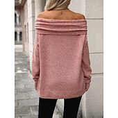 voordelige Effen kleuren-Dames Trui Streetwear Dagelijks Casual Effen Kleur Wijde col Gebreid Lange mouw Normale tops breien Werk Blozend Roze Khaki Herfst Winter