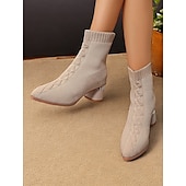 preiswerte Stiefeletten-beigefarbene Sock-Stiefeletten für Damen mit metallischem Blockabsatz – elastisches Strickgewebe und modernes Design für lässige und stylische Looks