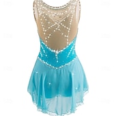お買い得  フィギュアスケートドレス-フィギュアスケート ドレス 女性用 女の子 アイススケート ドレス ブルー アシンメトリーヘム メッシュ 高弾性 訓練 競技大会 スケートウェア クラシック クリスタル・ラインストーン ノースリーブ アイススケート フィギュアスケート