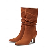 billiga Slouch Boots-damstövlar i brun mocka med mitten av vaden - eleganta stilettklackar med spetsiga tå, perfekta för höstens fritids- och festkläder