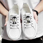 cheap Men&#039;s Sneakers-Men&#039;s White Perforated Casual Shoes with Hand-Stitched Detailing, Breathable Mesh Upper and Comfortable Slip-On Design