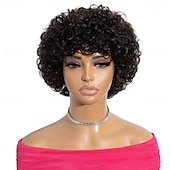 economico Parrucche di capelli veri senza cuffia-parrucche brasiliane corte pixie afro ricce e crespe per donne parrucca bob castana senza colla con frangia parrucca di capelli umani da 6 pollici