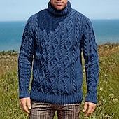 baratos suéter pulôver masculino-Homens Pulôver suéter Suéter de malha Pulôver masculino gola alta Estriado Cabo Tricotar Padrão Tricotado Tecido Gola Alta Moda Básico Roupa Diária Encontro Roupa Outono &amp; inverno Verde Tropa Azul