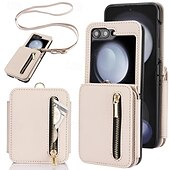 baratos Capa Samsung-telefone Capinha Para Z Flip 7 Z Virar 6 Z Flip 5 Z Flip 4 Z Flip 3 Capa traseira Com Suporte Zíper com cordão Retro TPU Couro PU