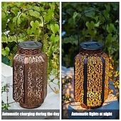 tanie Światła ścieżki i latarnie-Lampy wiszące LED solarne - ścieżka ogrodowa zewnętrzna retro latarnia z kutego żelaza, wodoodporna na balkon, taras, trawnik, dekoracja wewnątrz/na zewnątrz 1 szt.