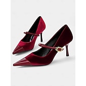 cheap Formal-Women&#039;s Burgundy Velvet Pointed Toe Stiletto Heels – Elegant High Heels with Gold Buckle for Formal and Evening Wear