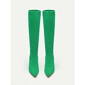 cheap Fashion Boots-Women&#039;s Stretchy Knit Knee-High Boots with Chunky Heels – Elegant Green Fashion Boots for Fall/Winter