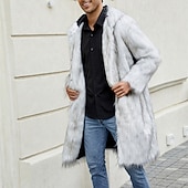billiga Herrjackor och -rockar-Herr Vinterjacka Fleece-jacka Fuskpälskappa Dagligen Semester Håller värmen Håller värmen Fleece Höst vinter Leopardtryck Mode Streetwear Huva Lång Svart Vit Gul Jacka