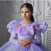 preiswerte Partykleider-kinderkleidung Mädchen Party Kleid Feste Farbe Ärmellos Langarm Leistung Gitter Prinzessin Süß Gitter Mitte der Wade Etuikleid Tüll-Kleid Sommer Frühling Herbst Kinder Purpur