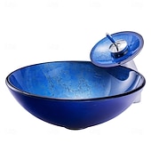 Недорогие Раковины-чаши-синий комплект раковины для ванной комнаты с соответствующим по стилю краном для ванной комнаты из закаленного стекла, круглая раковина, чаша для умывальника над столешницей