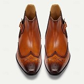 cheap Premium Leather Boots-Men&#039;s Brown Ankle Boots with Brogue Detailing &amp; Snakeskin Accent - Premium Cowhide Leather Dress Boots for Formal &amp; Casual Wear