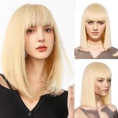 economico Parrucche trendy sintetiche-parrucca bob con frangia parrucca corta e dritta per donna parrucca sintetica resistente al calore in capelli naturali parrucche bob colorate per ragazze festa quotidiana parrucche per feste di Natale