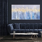 preiswerte Landschaftsgemälde-handgemachtes buntes abstraktes blau-goldenes Ölgemälde auf Leinwand, großes handgemaltes abstraktes strukturiertes Boho-Ölgemälde, moderne Wandkunst, zeitgenössisches minimalistisches Kunstwerk für