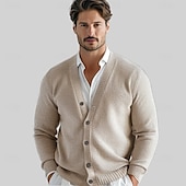 billige Herre Elite Genser og Cardigans-Herre Cardigan Genser Strikke Knepp opp Helfarge V-hals Strikketøy Elegant Skole Trening Klær Biskop Høst Vinter Svart Kakifarget S M L