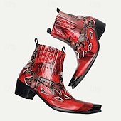 baratos Botas de couro premium-Bota de Motocicleta Masculina de Couro de Cobra Vermelha – Bota Canela Estilo Ocidental com Bico Pontudo Detalhe de Corte em Chama com Ponta Dourada para Moda Ousada