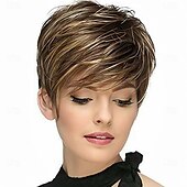 abordables Perruques sans bonnet-perruque coupe lutin avec frange courte droite couleur mixte remy cheveux humains brésiliens sans colle perruque entièrement fabriquée à la machine