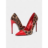 abordables Talons Aiguilles-talons aiguilles imprimé léopard pour femmes – escarpins à bout pointu en cuir verni rouge pour fêtes et événements nocturnes