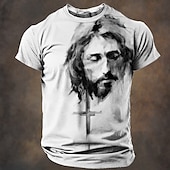 cheap Faith T shirts-Christmas Men&#039;s Jesus T shirt Short Sleeve T shirt 3D Print Crew Neck Shirt Retro Vintage Casual Street Style Christmas Sports Outdoor Holiday Light Blue Light Green Light Brown Spring &amp; Summer
