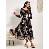 cheap Cocktail Dress-Women&#039;s A-Line Midi Dress Long Sleeve Sequins Floral Elegant Black Semi-Formal Sparkly Shimmer Skirt Round Neckline Wedding Party Theater Event Spring Fall Fashion Clothing Apparel S M L XL XXL