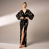 economico NERO-Abito da sera A-Line abito scintillante abito formale lungo fino al pavimento maniche lunghe collo a V con paillettes e glitter abito per ospiti di matrimonio