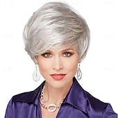 economico parrucca più vecchia-parrucca alla moda da donna, capelli sintetici grigi argentati, parrucche corte, parrucca riccia, parrucche sintetiche naturali soffici per l&#039;uso quotidiano alle feste