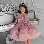 cheap Flower Girl&#039;s Dresses-Kids Girls&#039; Party Dress Solid Color Long Sleeve Performance Wedding Party Mesh Princess Sweet Mesh Mid-Calf Sheath Dress Tulle Dress Summer Spring Fall kids Pink