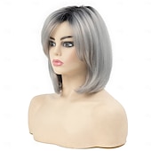 voordelige oudere pruik-korte grijze pruiken voor vrouwen bob pruik natuurlijke rechte pruik zijscheiding haar voor dagelijks feest cosplay