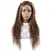 economico Parrucche lace front capelli veri-parrucca con mèches biondo miele parrucca con chiusura in pizzo 4x4 parrucche per capelli umani a onda profonda